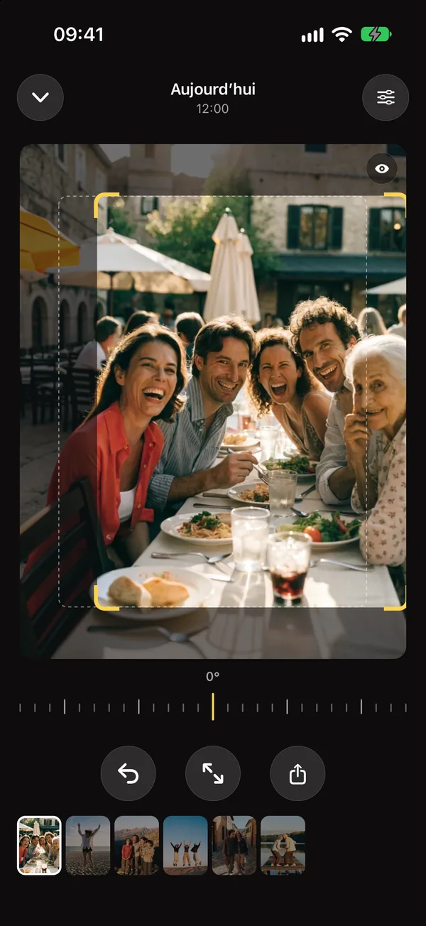L’écran des photos dans Don’t Crop Me : toute la prise d’une tablée au restaurant, le cadre jaune de la photo gardée et la molette de l’horizon.